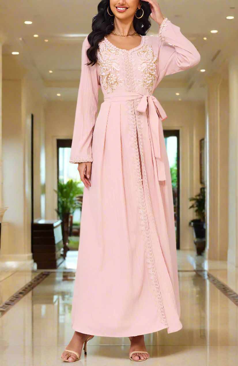 Dubai Style Pink Beaded Lace Embroidered Abaya Dress