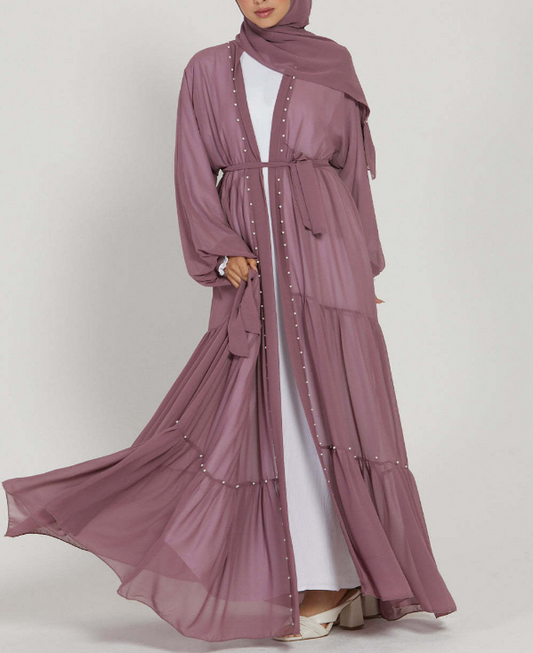 Pearl Embroidered Layered Chiffon Open Abaya Dresses(Multi Colors)