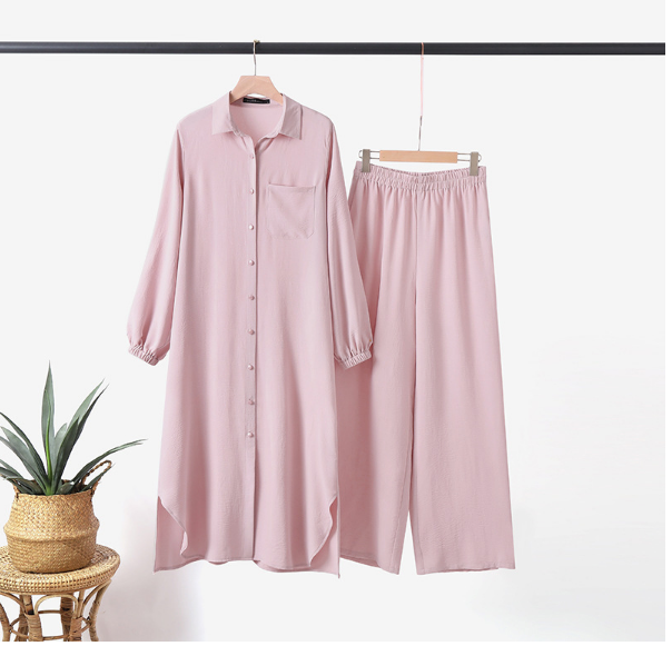 Long Tunic Button Down Pant Suits(Multi Colors)
