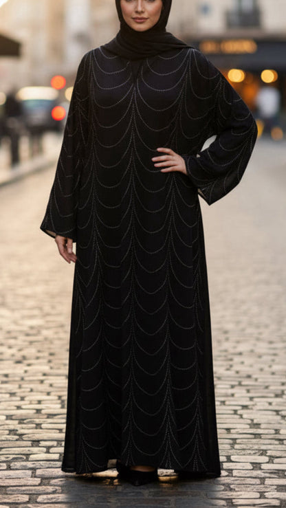 Black Embellished Wave Abaya Dress
