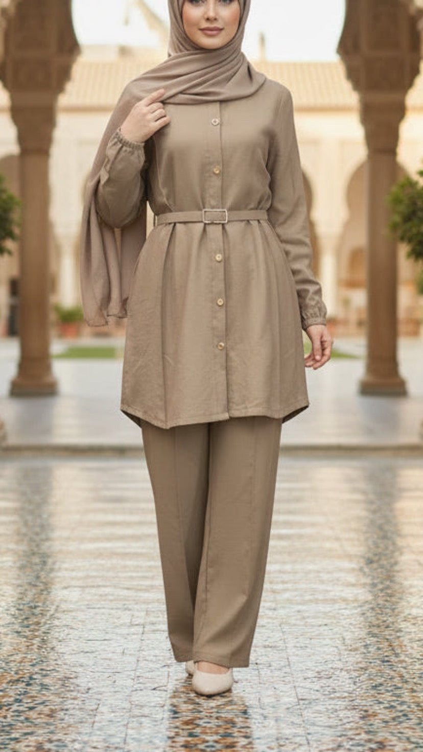 Summer Button-Down Khaki Belted Pant Suit