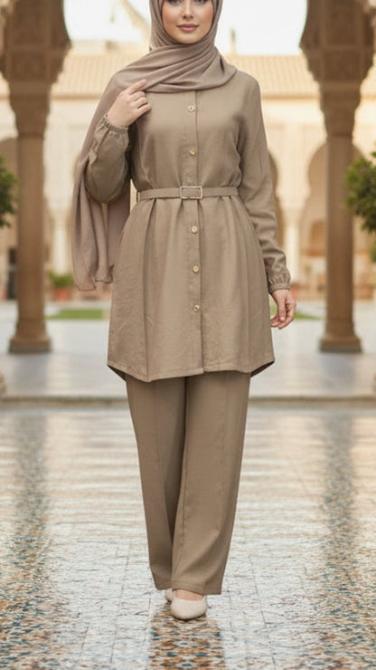 Summer Button-Down Khaki Belted Pant Suit