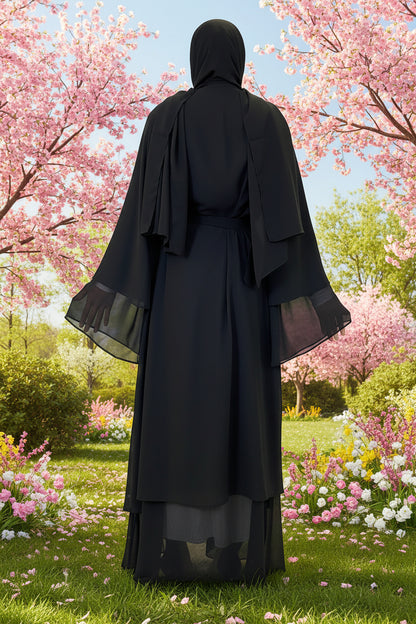 Chiffon Layered Black Open Abaya with Sash