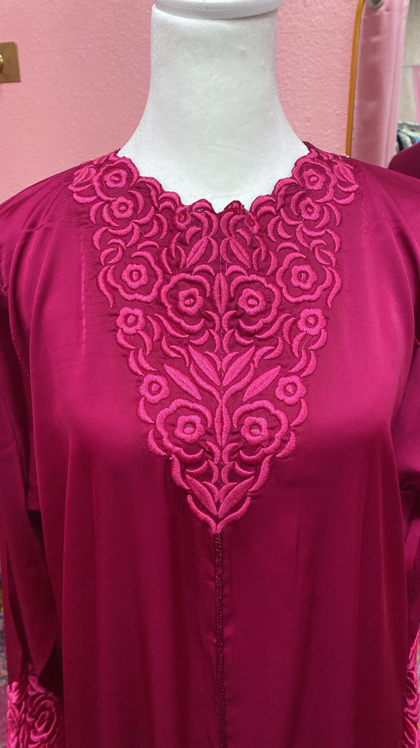 Traditional Moroccan Satin 2 Piece Djellaba Floral Embroidery