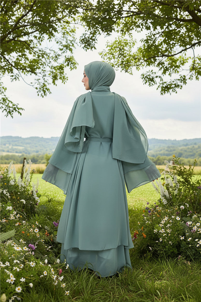 Chiffon Layered Open Abaya with Sash