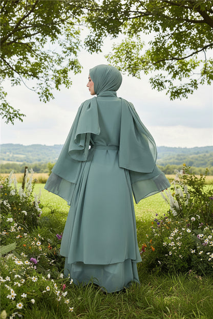 Chiffon Layered Open Abaya with Sash