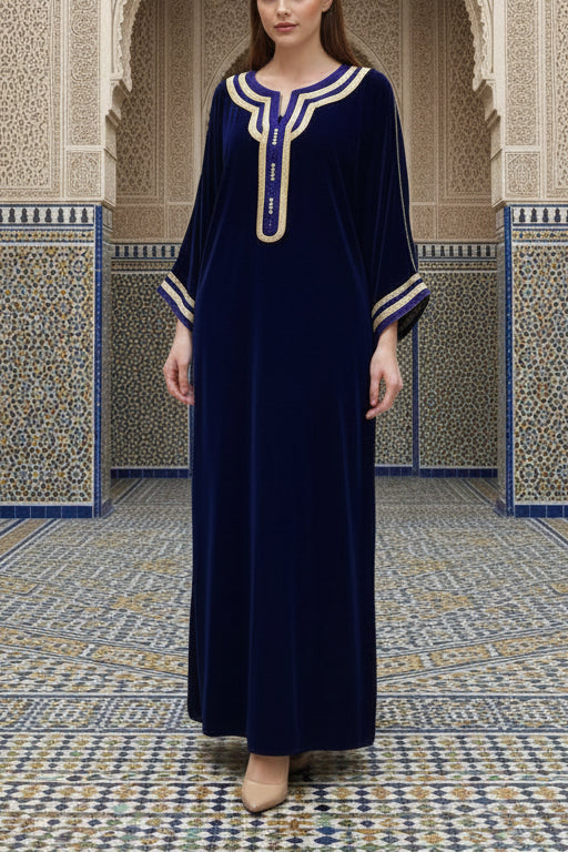 Moroccan Velvet Caftan Navy