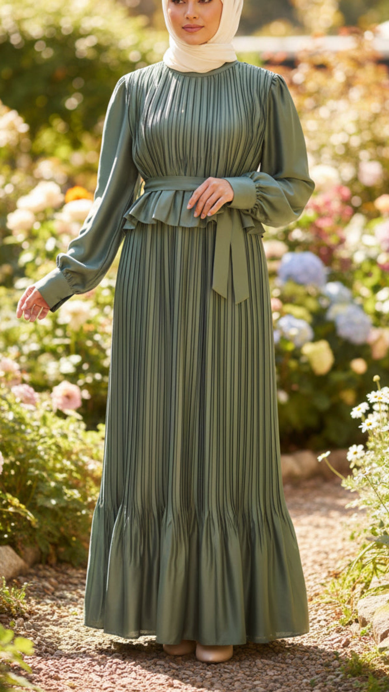 Pleated Satin Ruffle Top Sage Dress