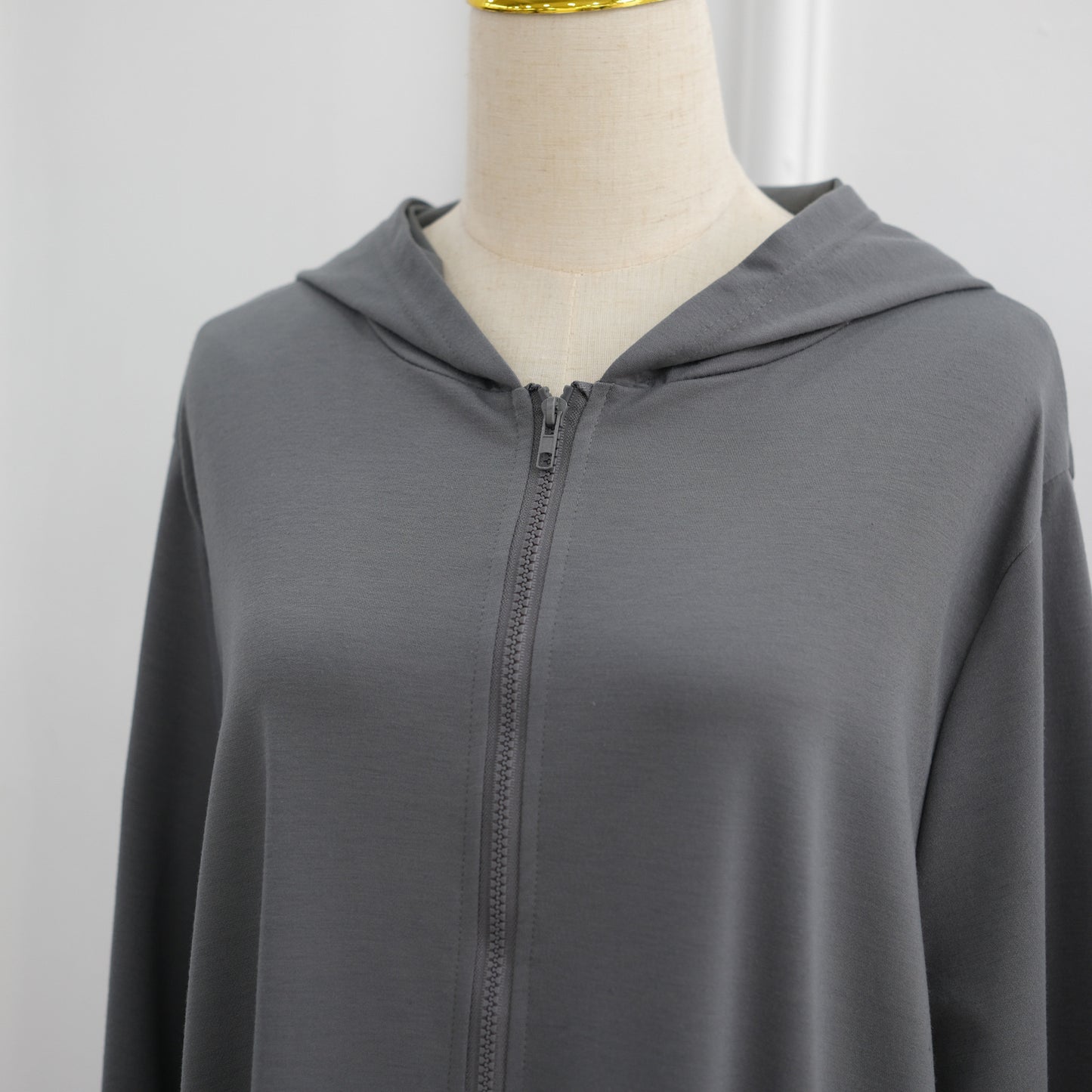 Gray Turkish Style Zipper Hoodie Abaya Dress