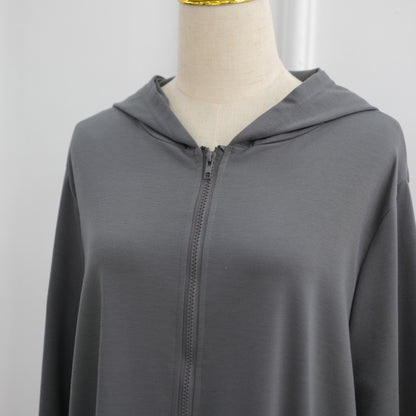 Gray Turkish Style Zipper Hoodie Abaya Dress