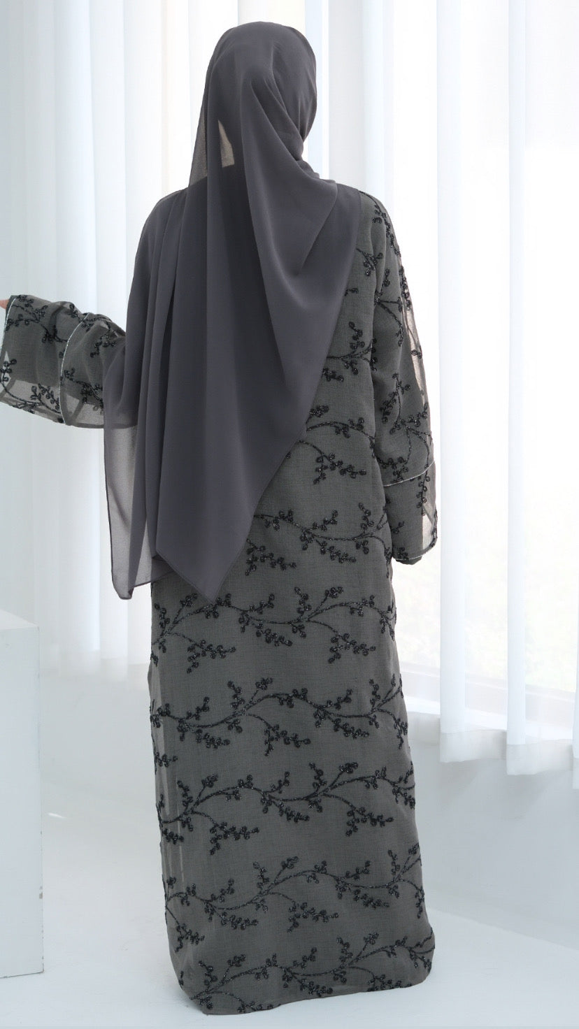 Dubai Style Embellished 2 Piece Abaya Gray