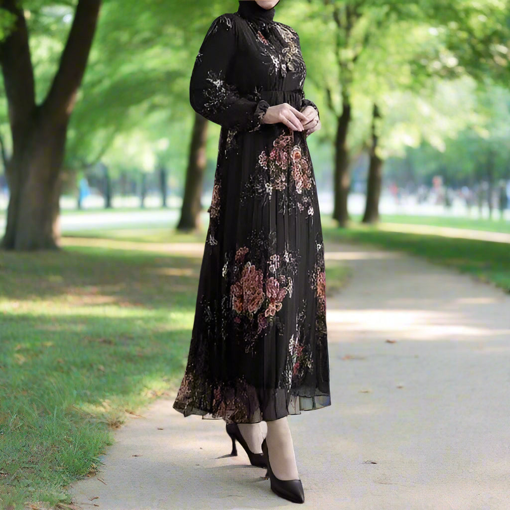 Black Beauty Pleated Floral Chiffon
