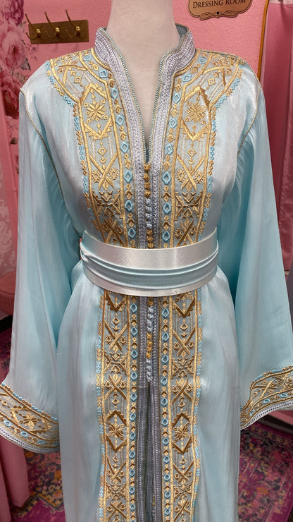 Moroccan Traditional Embroidered Satin Chiffon 2 Piece Caftan