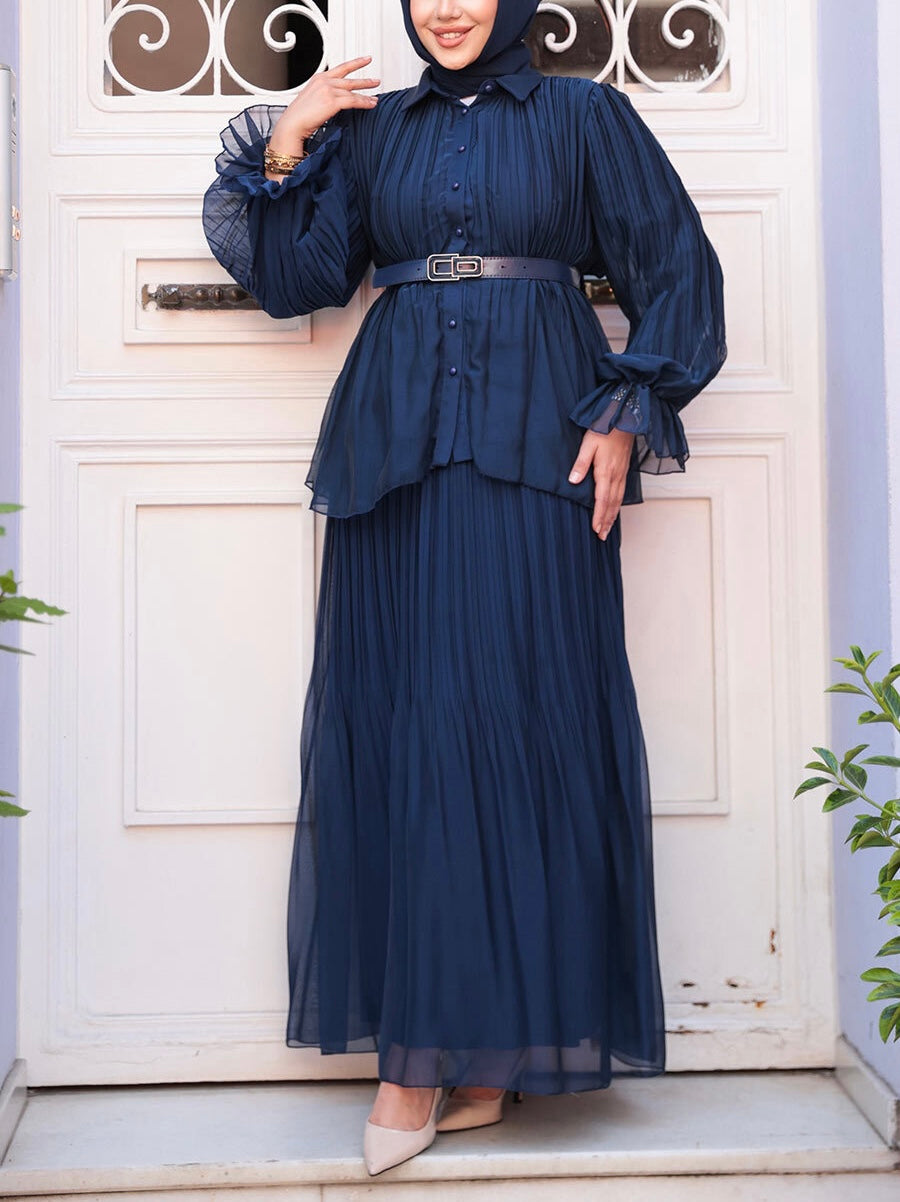 Turkish Style Chiffon Button Down Pleated Skirt Set