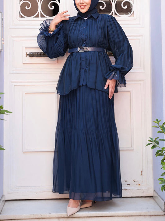 Turkish Style Chiffon Button Down Pleated Skirt Set