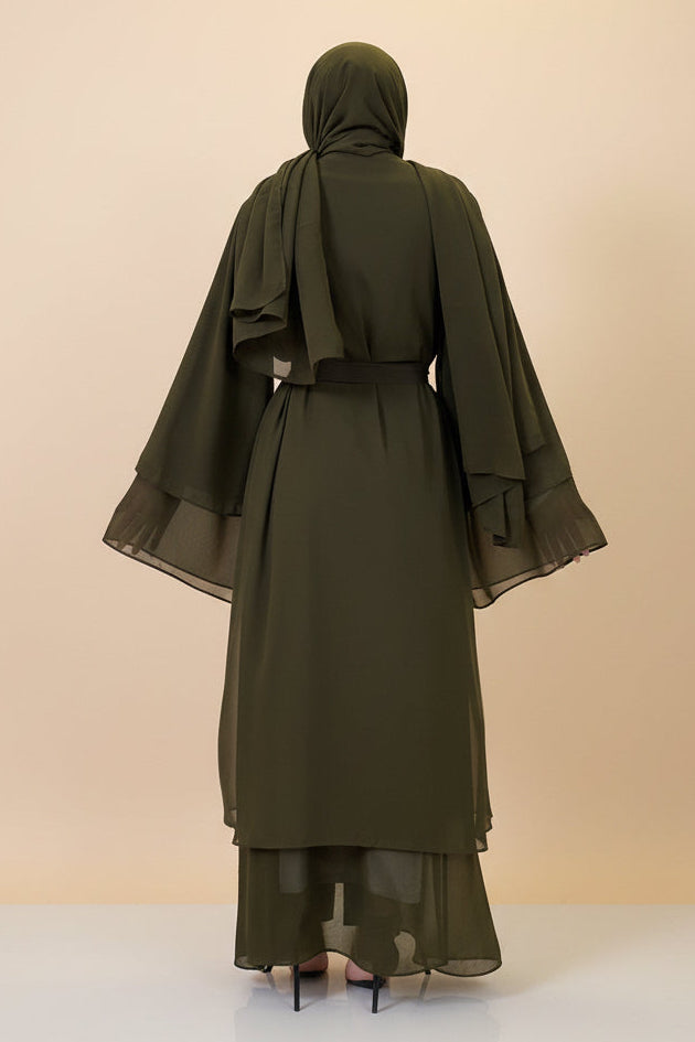 Chiffon Layered Olive Open Abaya with Sash