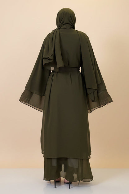 Chiffon Layered Olive Open Abaya with Sash