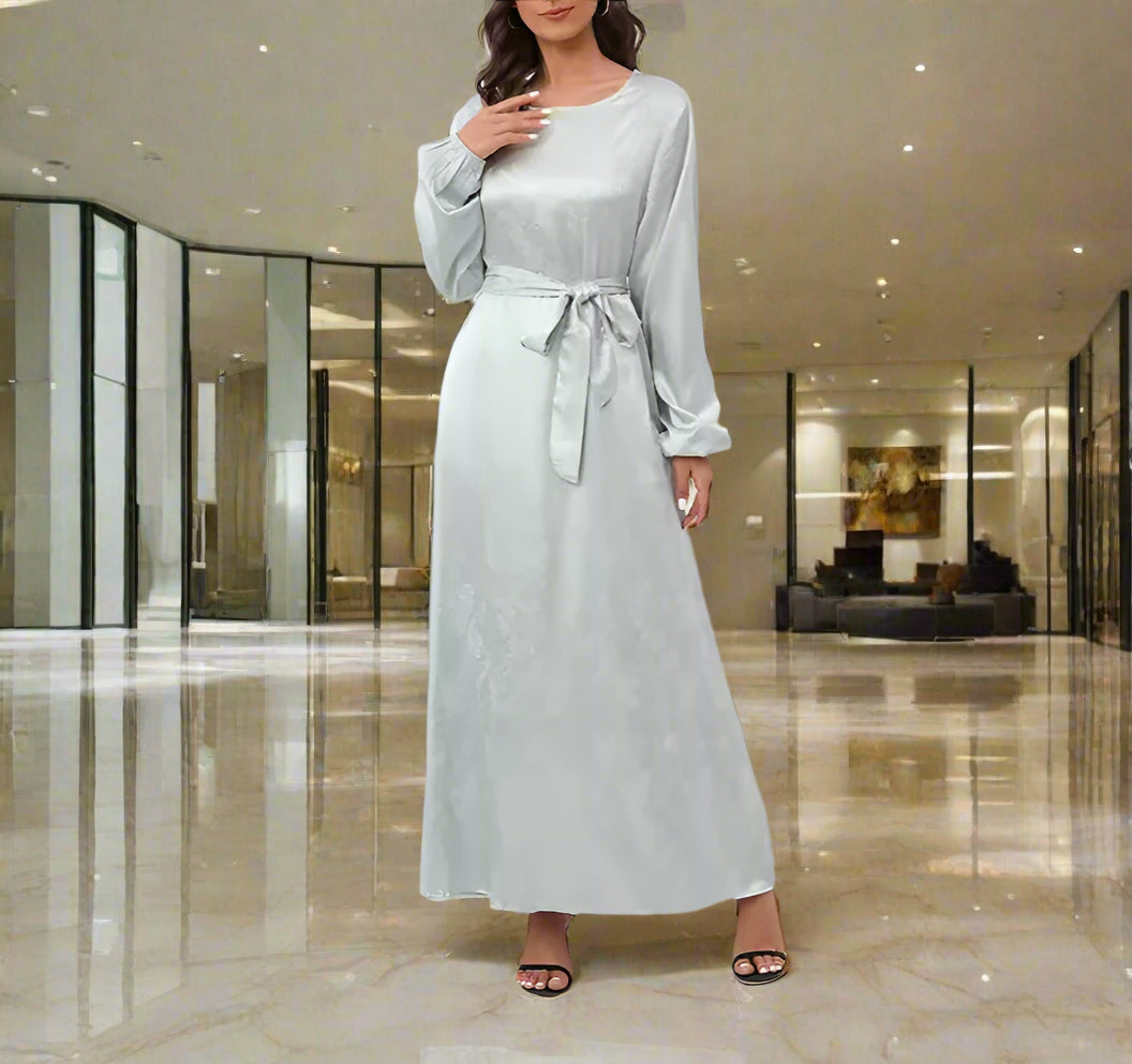 Floral Embroidered Satin Abaya Dress(Multi Colors)