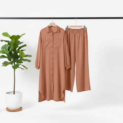 Long Tunic Button Down Pant Suit
