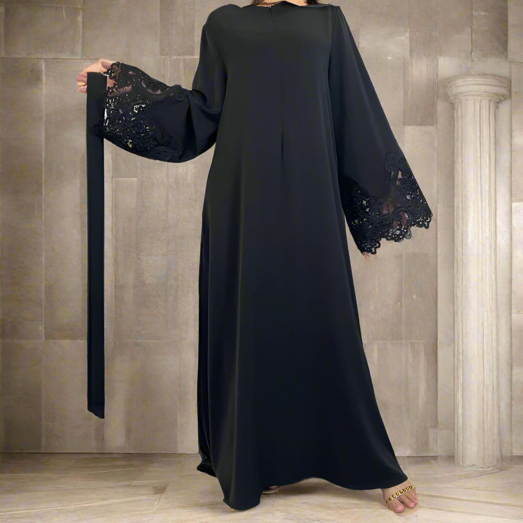 Floral Lace Zipper Nida Dress Abaya
