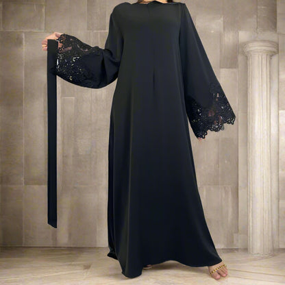 Floral Lace Zipper Nida Dress Abaya