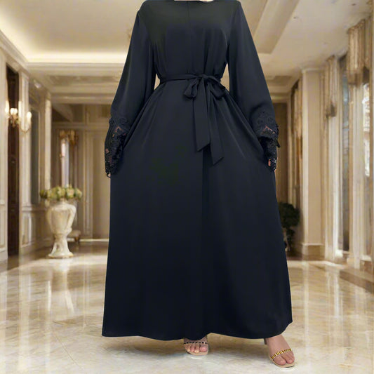 Floral Lace Zipper Nida Dress Abaya