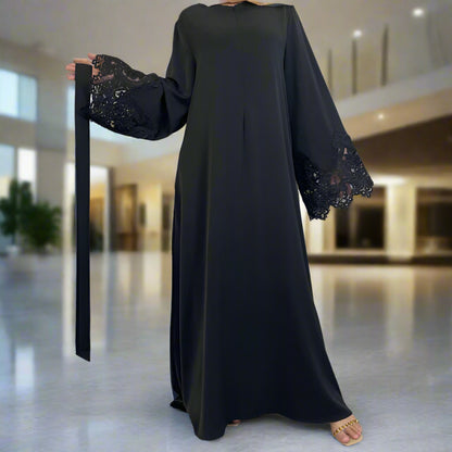 Floral Lace Zipper Nida Dress Abaya