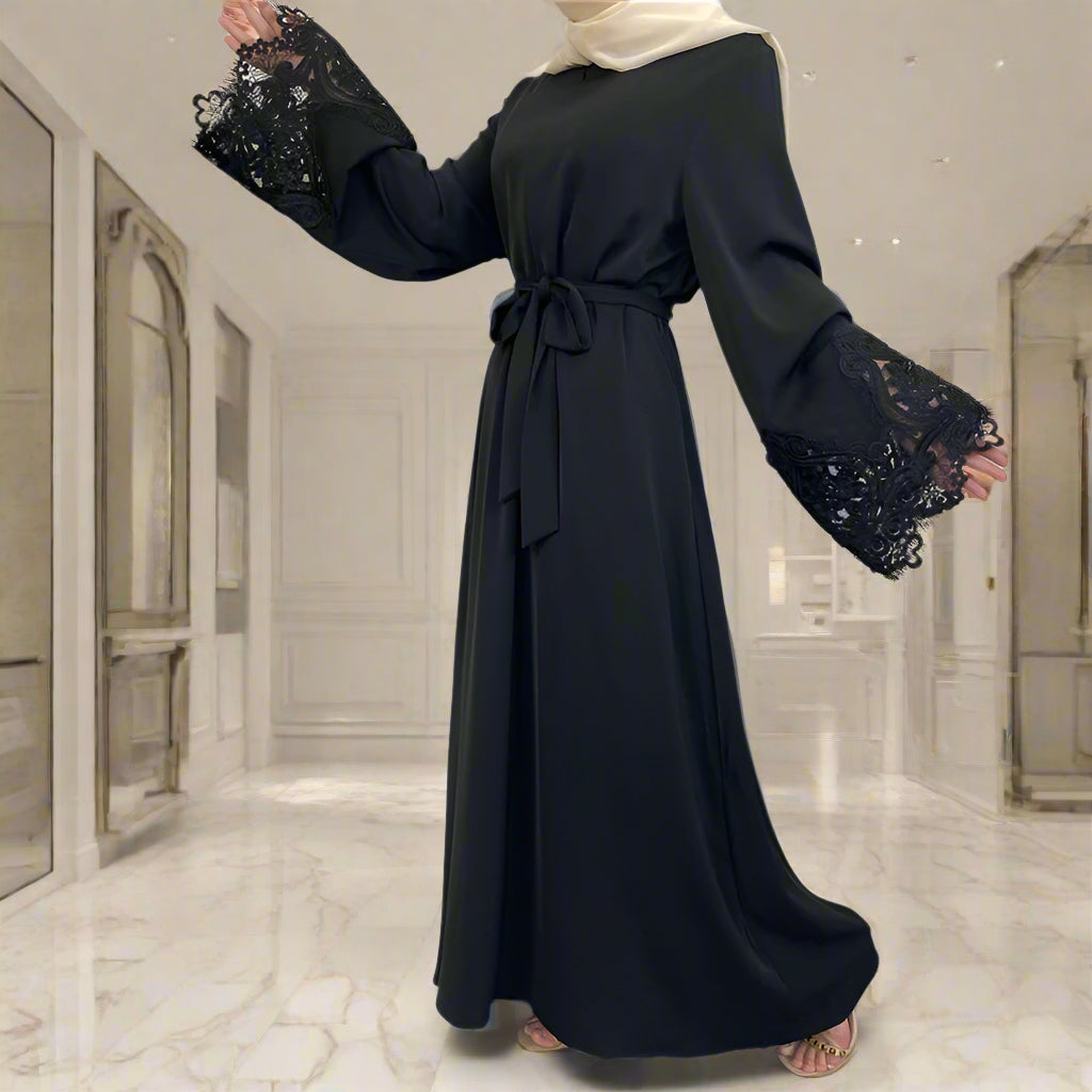 Floral Lace Zipper Nida Dress Abaya