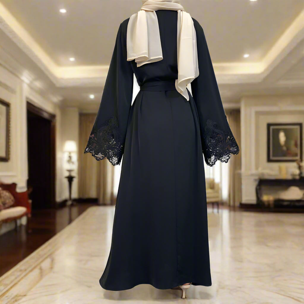 Floral Lace Zipper Nida Dress Abaya