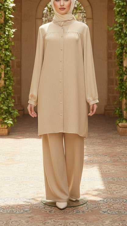 Long Tunic Button Down Crepe Pant Suit