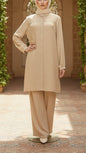 Long Tunic Button Down Crepe Pant Suit