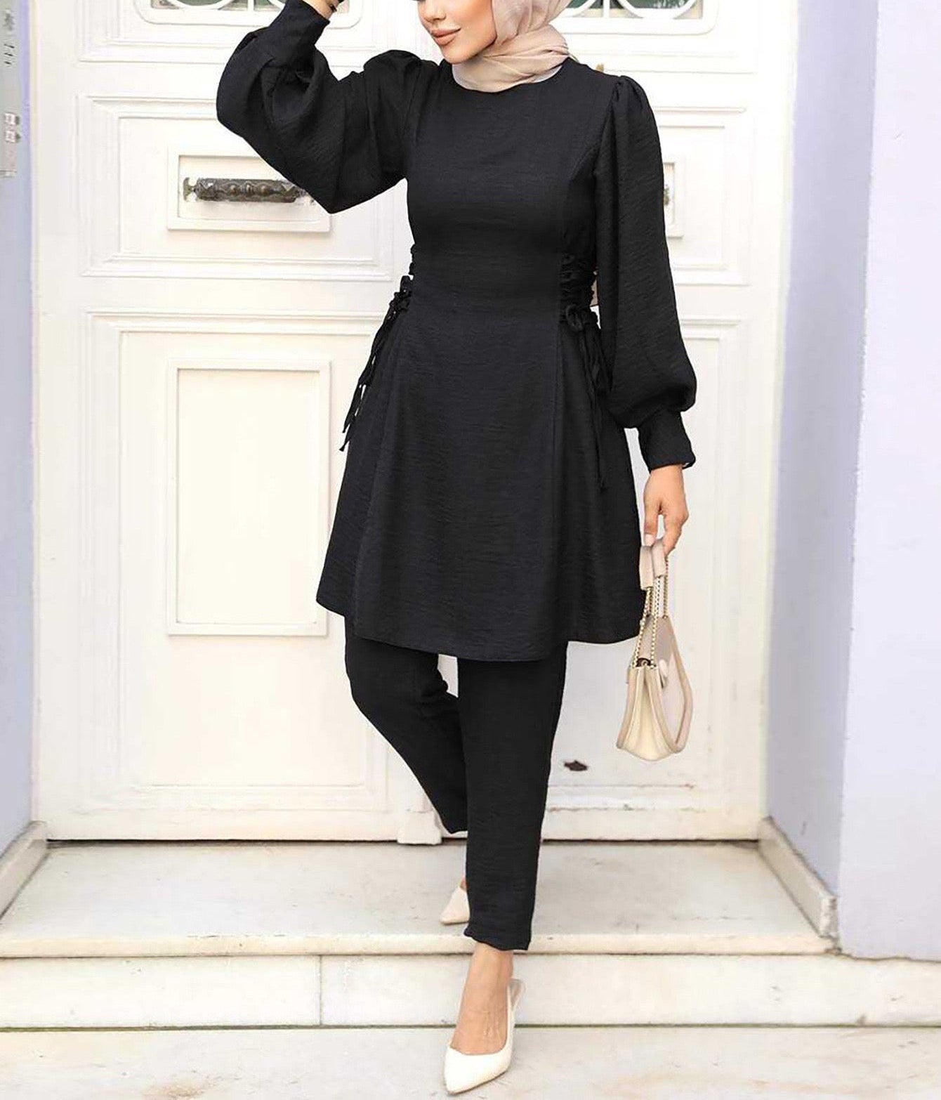 Crepe Corset Lace Up Pant Suit