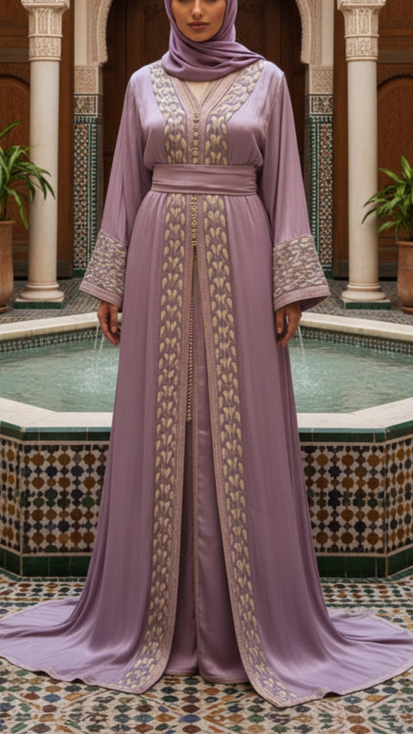Moroccan Traditional Satin Chiffon 2 Piece Caftan