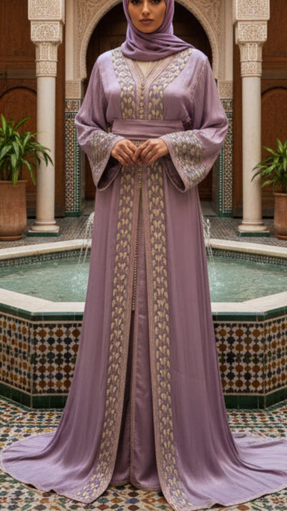 Moroccan Traditional Satin Chiffon 2 Piece Caftan