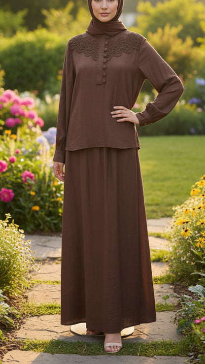 Summer Lace Embroidered Button Down Brown Skirt Set