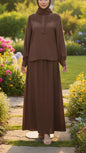 Summer Lace Embroidered Button Down Brown Skirt Set