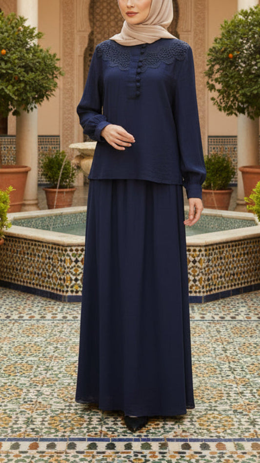 Summer Lace Embroidered Button Down Navy Skirt Set