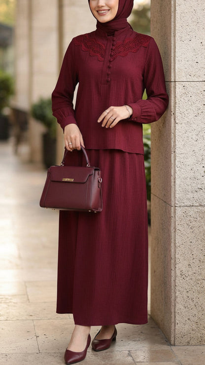 Summer Lace Embroidered Button Down Burgundy Skirt Set