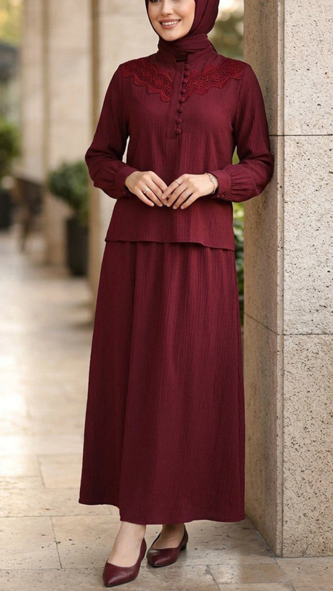 Summer Lace Embroidered Button Down Burgundy Skirt Set