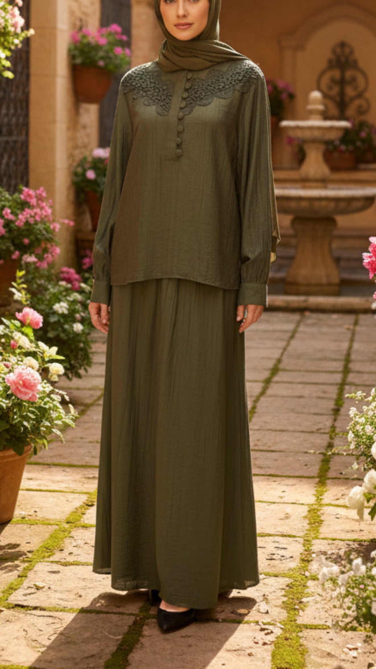 Summer Lace Embroidered Button Down Green Skirt Set