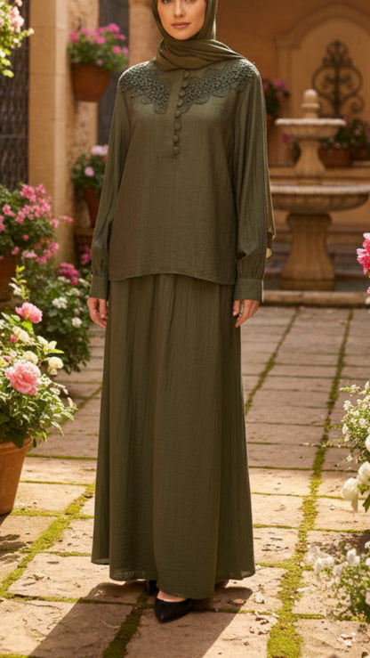 Summer Lace Embroidered Button Down Green Skirt Set
