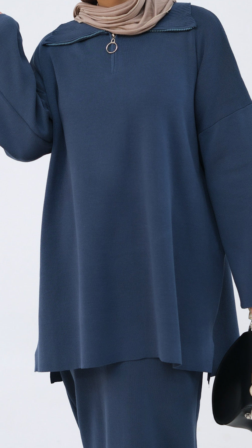 Knit Zipper Wide Sleeve Skirt Set