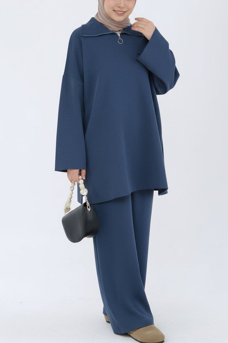 Knit Zipper Wide Sleeve Skirt Set