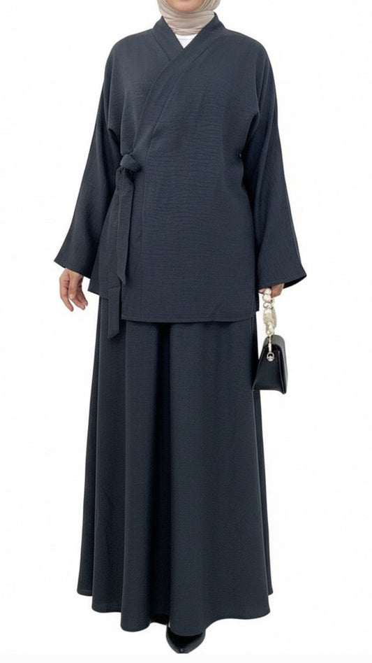 Belted Side Tie Kimono Style Skirt Set