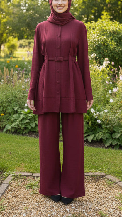 Summer Burgandy Button-Down Belted Pant Suit