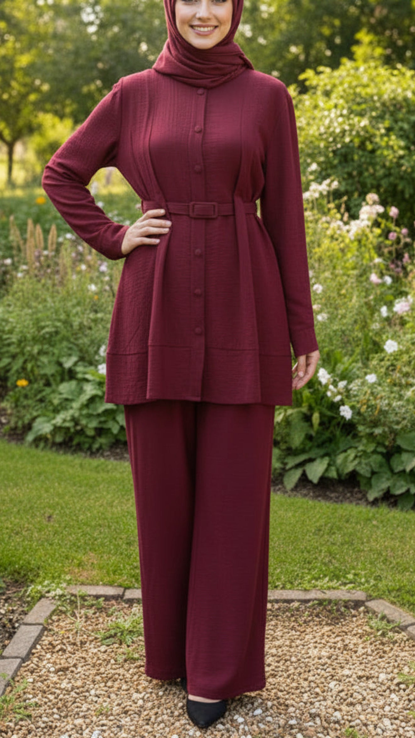 Summer Burgandy Button-Down Belted Pant Suit