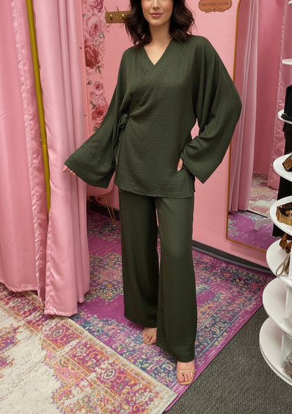 Belted Side Tie Kimono Style Pant Suit Set