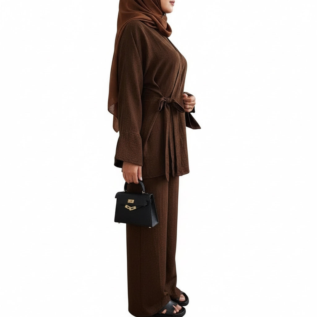 Belted Side Tie Kimono Style Pant Suit Set