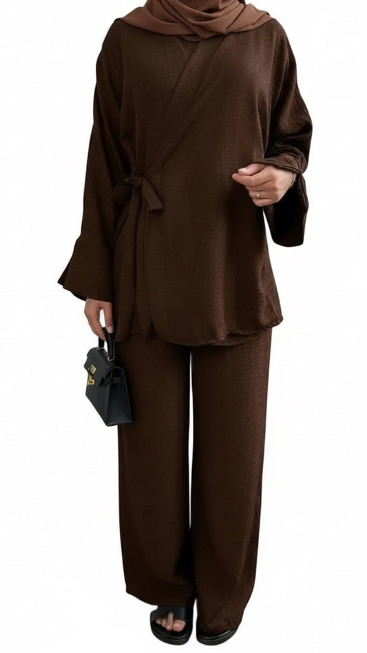 Belted Side Tie Kimono Style Pant Suit Set