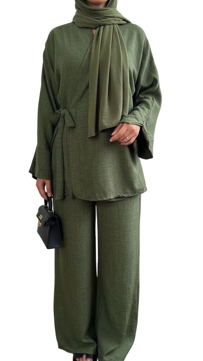 Belted Side Tie Kimono Style Pant Suit Set